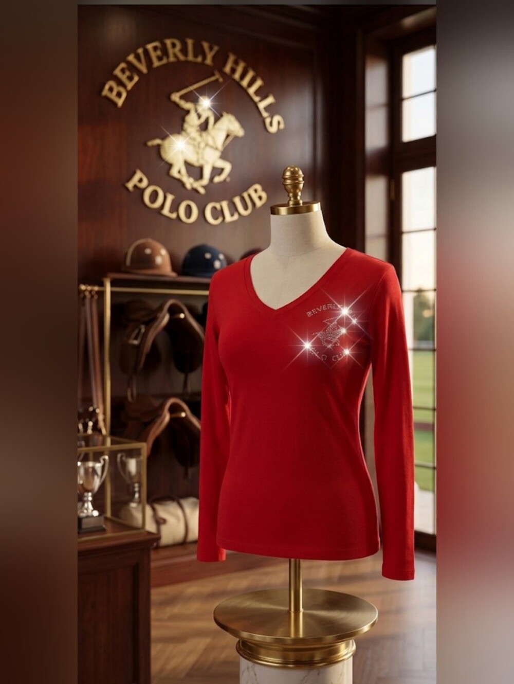 Authentic Beverly Hills Polo Club Women's V-Neck Long Sleeve Tee with Rhinestone